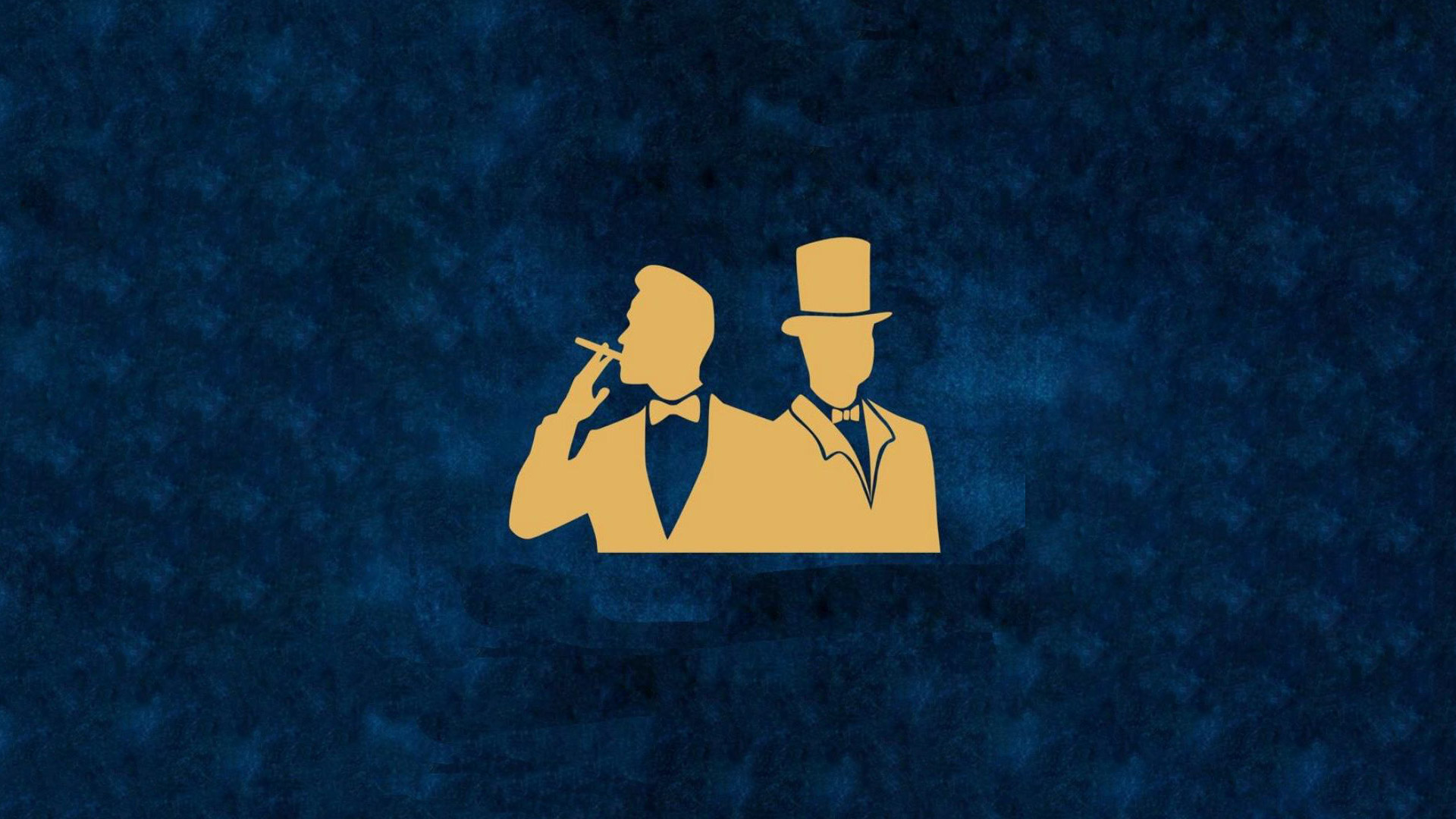 Zwei Männer im Anzug und Hut, einer raucht selbstbewusst, goldene Silhouette auf Blau